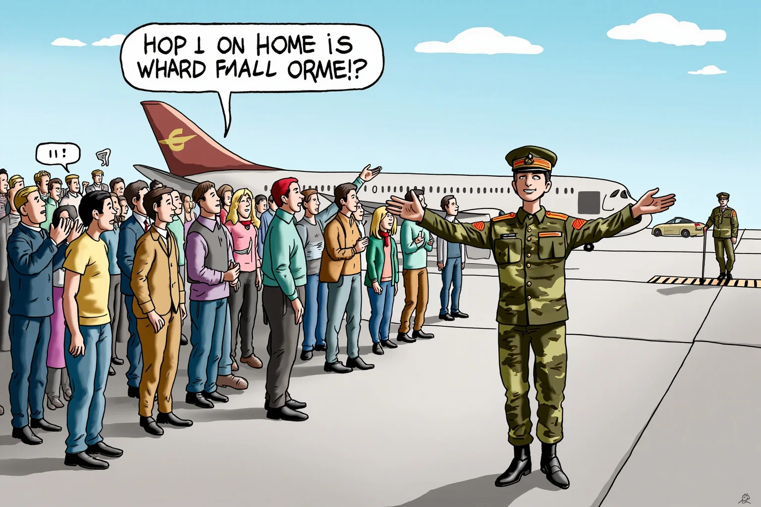 Illustration of a soldier returning home at an airport, greeted by a small uncertain crowd