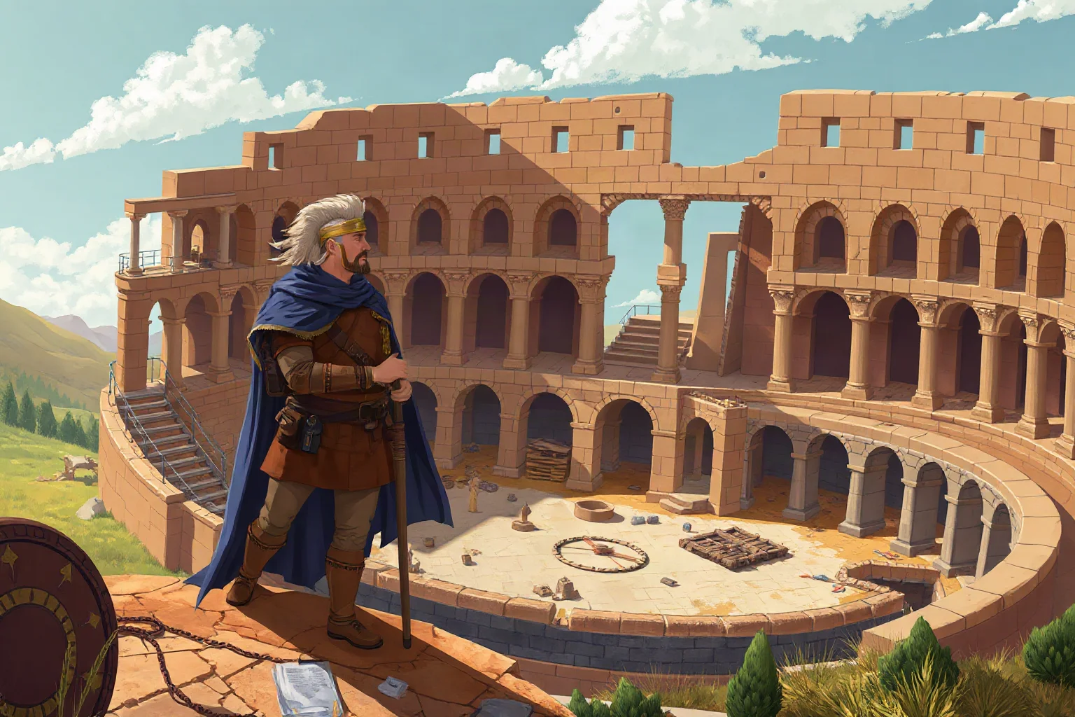 Illustration of a soldier-turned-emperor overseeing construction of a great stone amphitheater