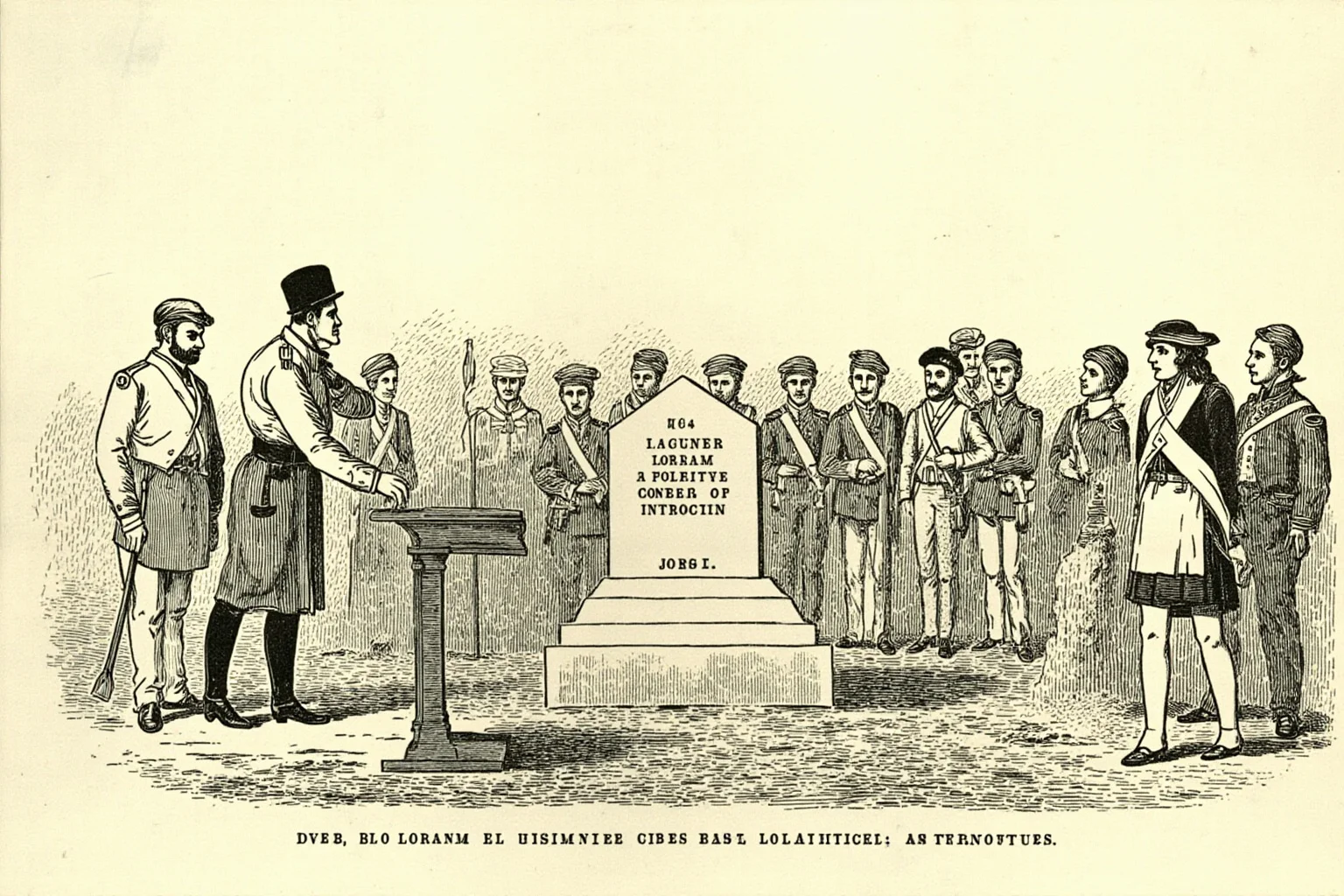 Illustration of a solemn 19th-century battlefield cemetery dedication ceremony with a lone speaker and a small gathered crowd