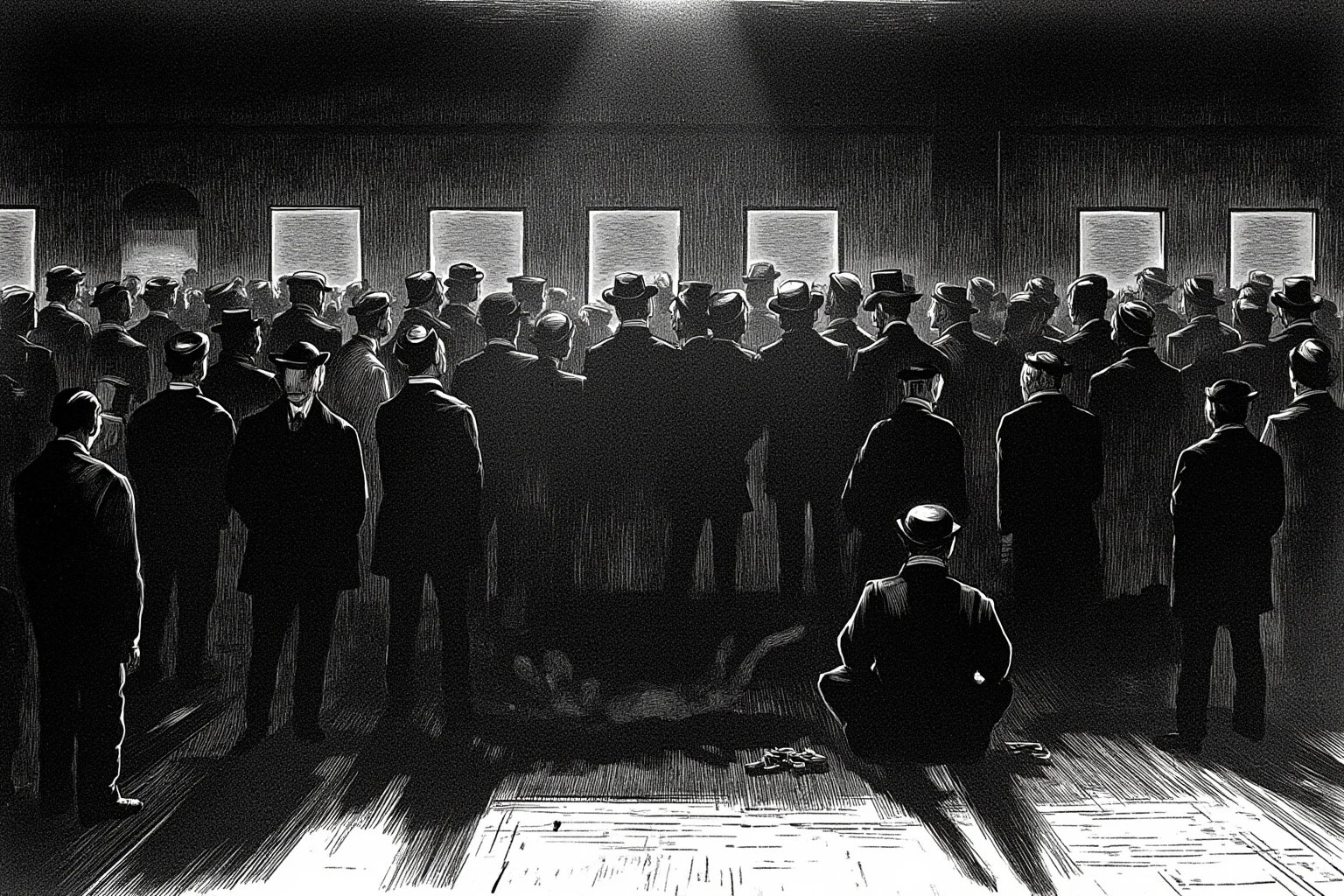 Illustration of a solemn 19th-century train station scene with a shadowy crowd, evoking a sudden and tragic historical event.