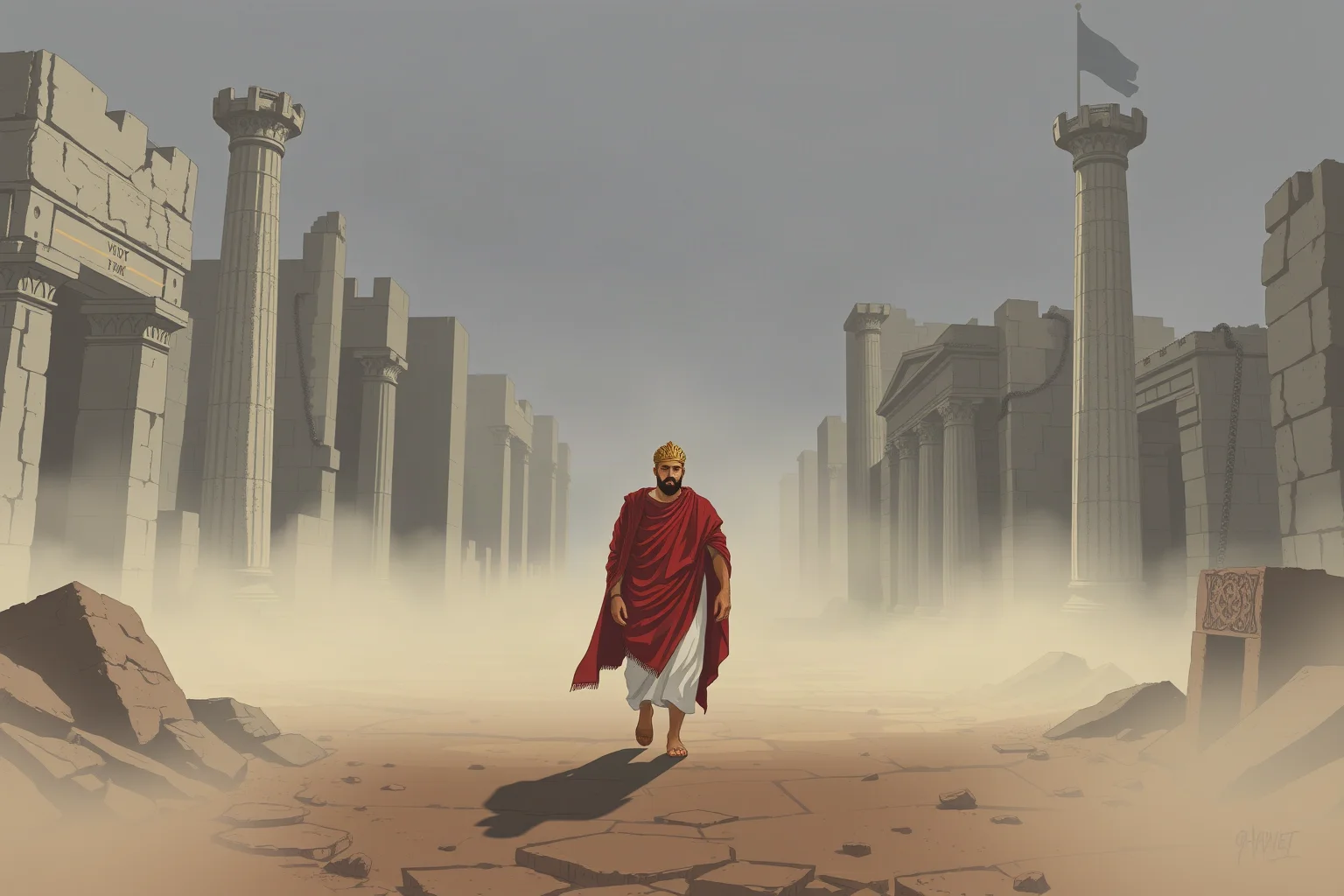 Illustration of a solemn ancient Greek king walking alone through misty ruined city streets
