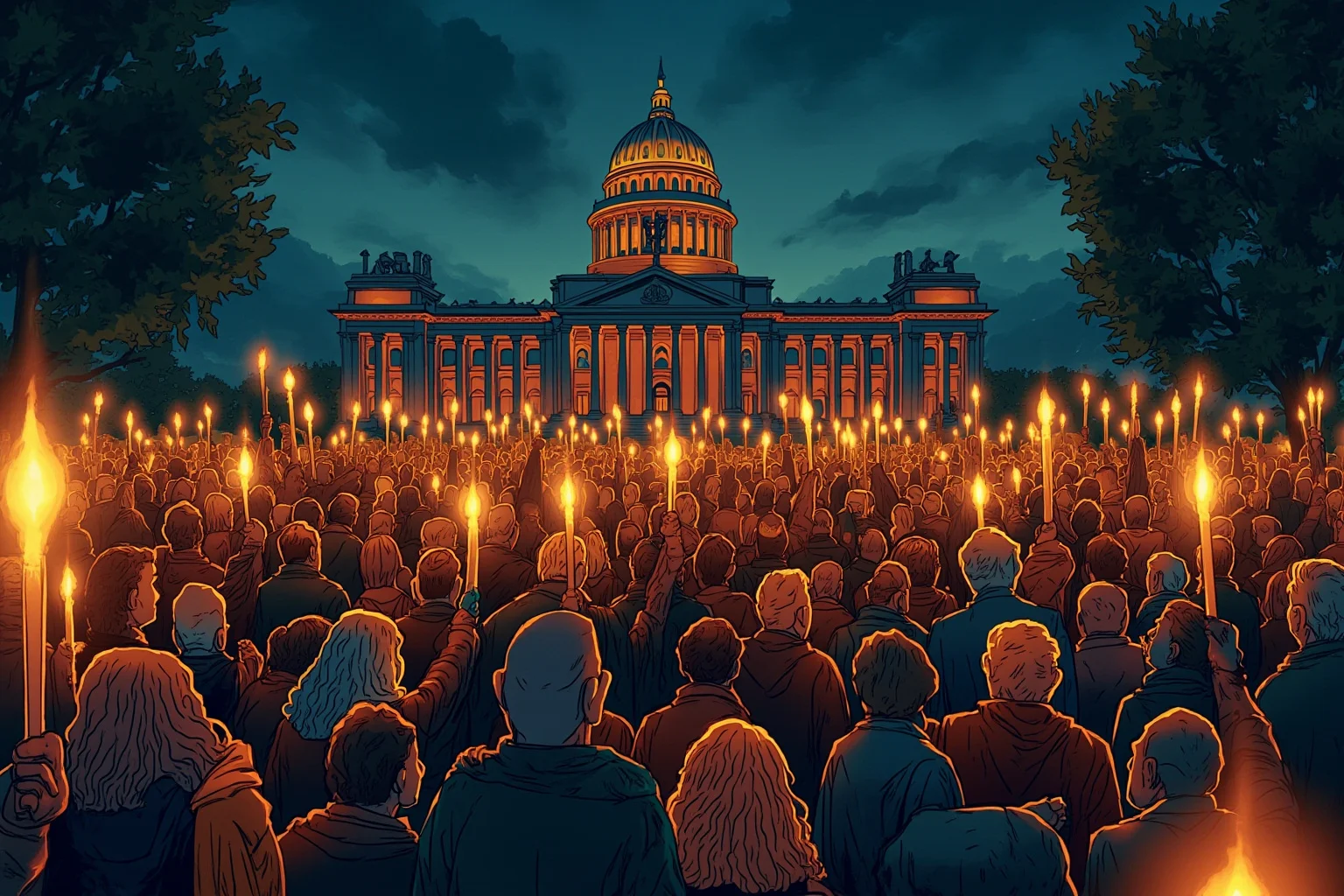 Illustration of a solemn crowd gathered outside a parliament building holding candles, respectful tone
