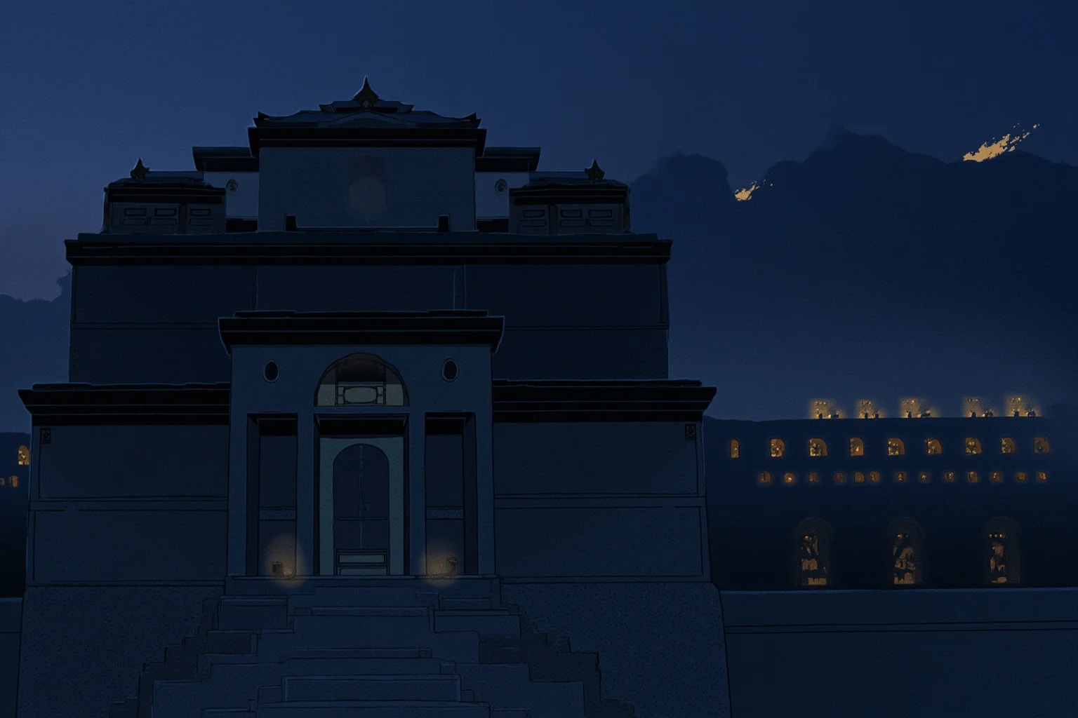Monarchs Whose Reigns Were Hilariously Short 20 Illustration of a solemn Himalayan palace exterior at dusk with soft mourning candlelight in the windows