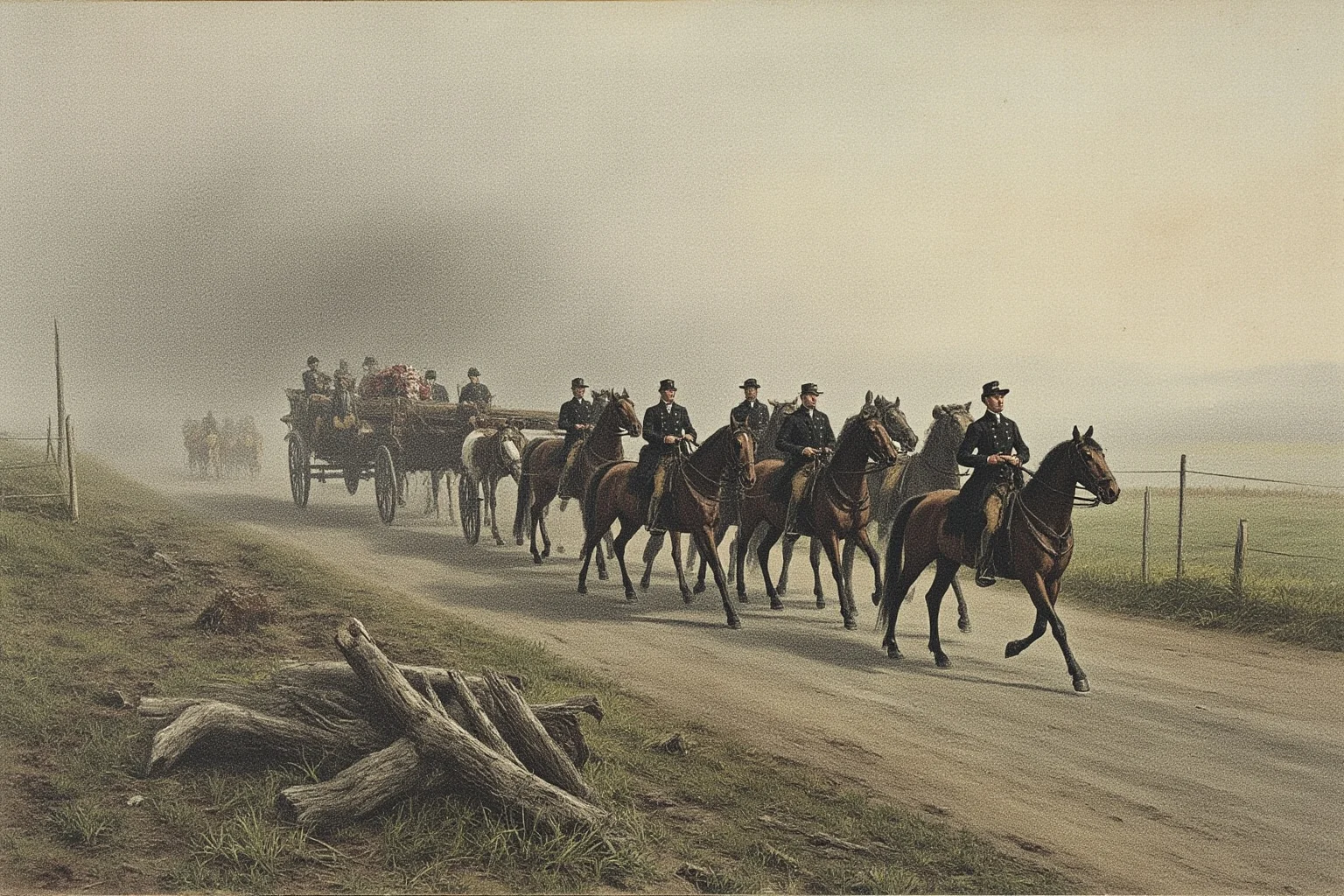 Lord Byron and Lady Caroline Lamb: History's Messiest Love Story 18 Illustration of a solemn horse-drawn funeral procession moving along a misty English country road