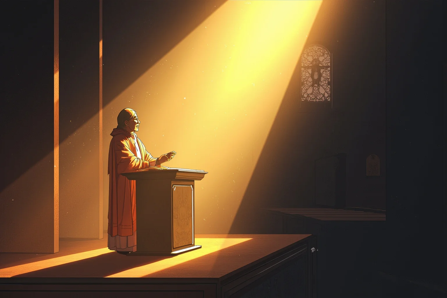 24 Historical Figures Who Became Martyrs for Their Cause 21 Illustration of a solemn priest in vestments at an altar, sunlight streaming through a Central American chapel