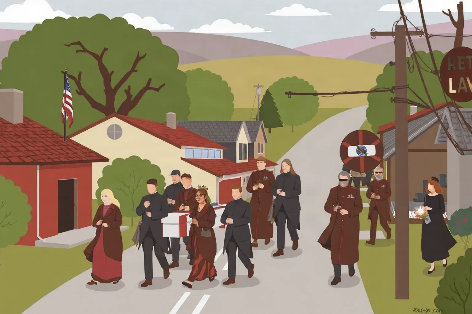 Illustration of a solemn small-town funeral procession, muted colors, symbolic