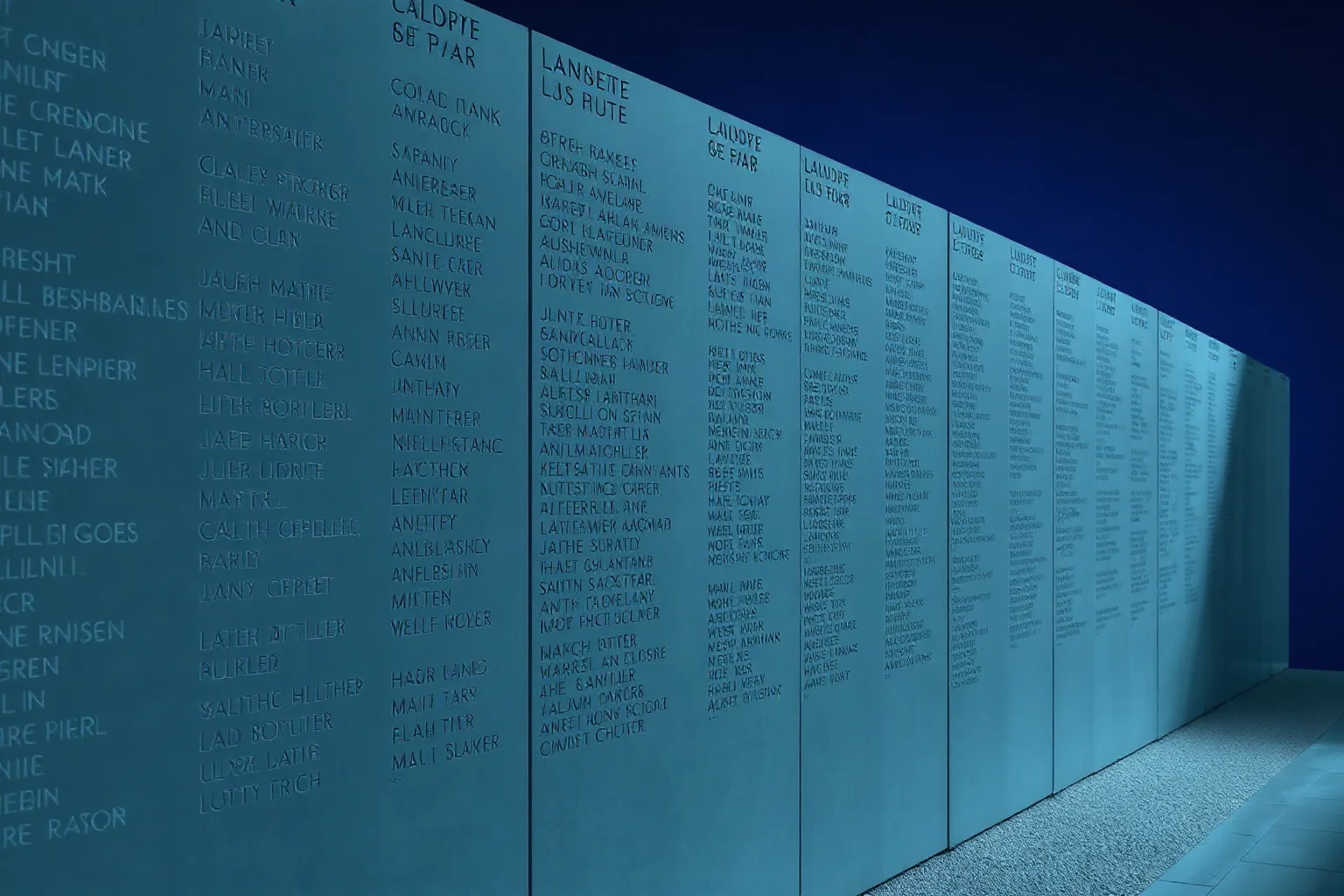 Illustration of a solemn war memorial wall engraved with rows of names, softly lit