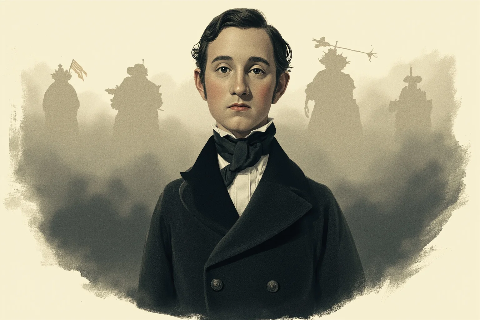 Illustration of a solemn young man in 19th-century formal attire standing near three faint shadowy silhouettes representing separate historical events, muted tones