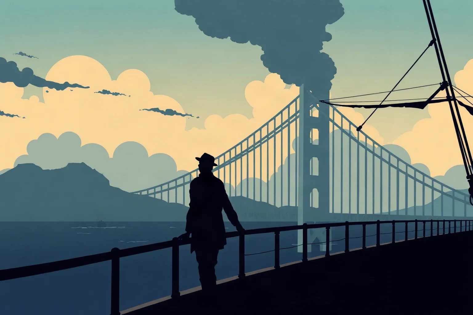 Illustration of a solitary poet standing at a ship's railing overlooking a bridge silhouette, dramatic sky, 1920s-1930s style