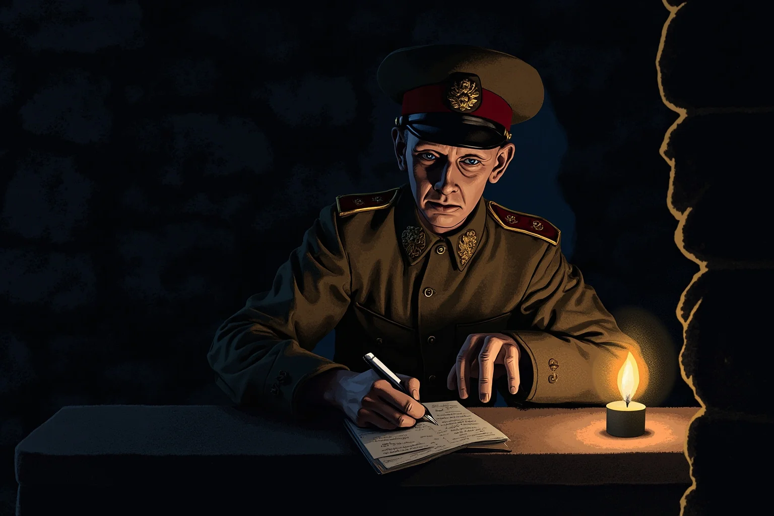 Best Nonfiction Books About WWI: The 25 Best WWI and WWII Reads 7 Illustration of a solitary soldier writing a letter home in a candlelit dugout