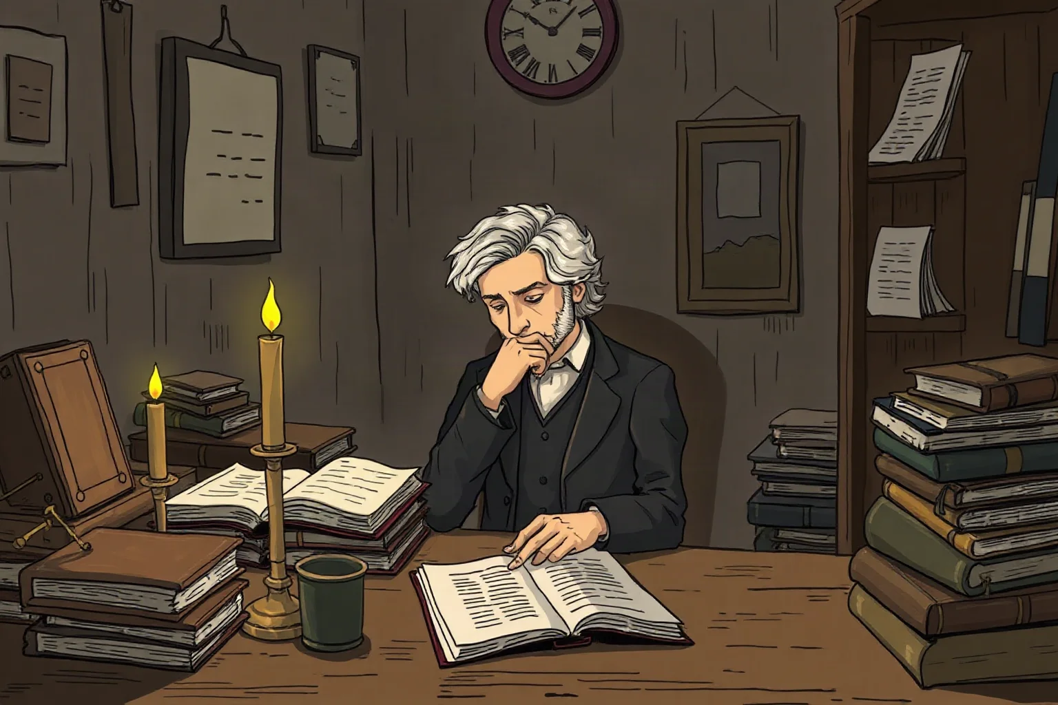 Illustration of a solitary thinker seated at a wooden desk by candlelight, surrounded by old books and papers