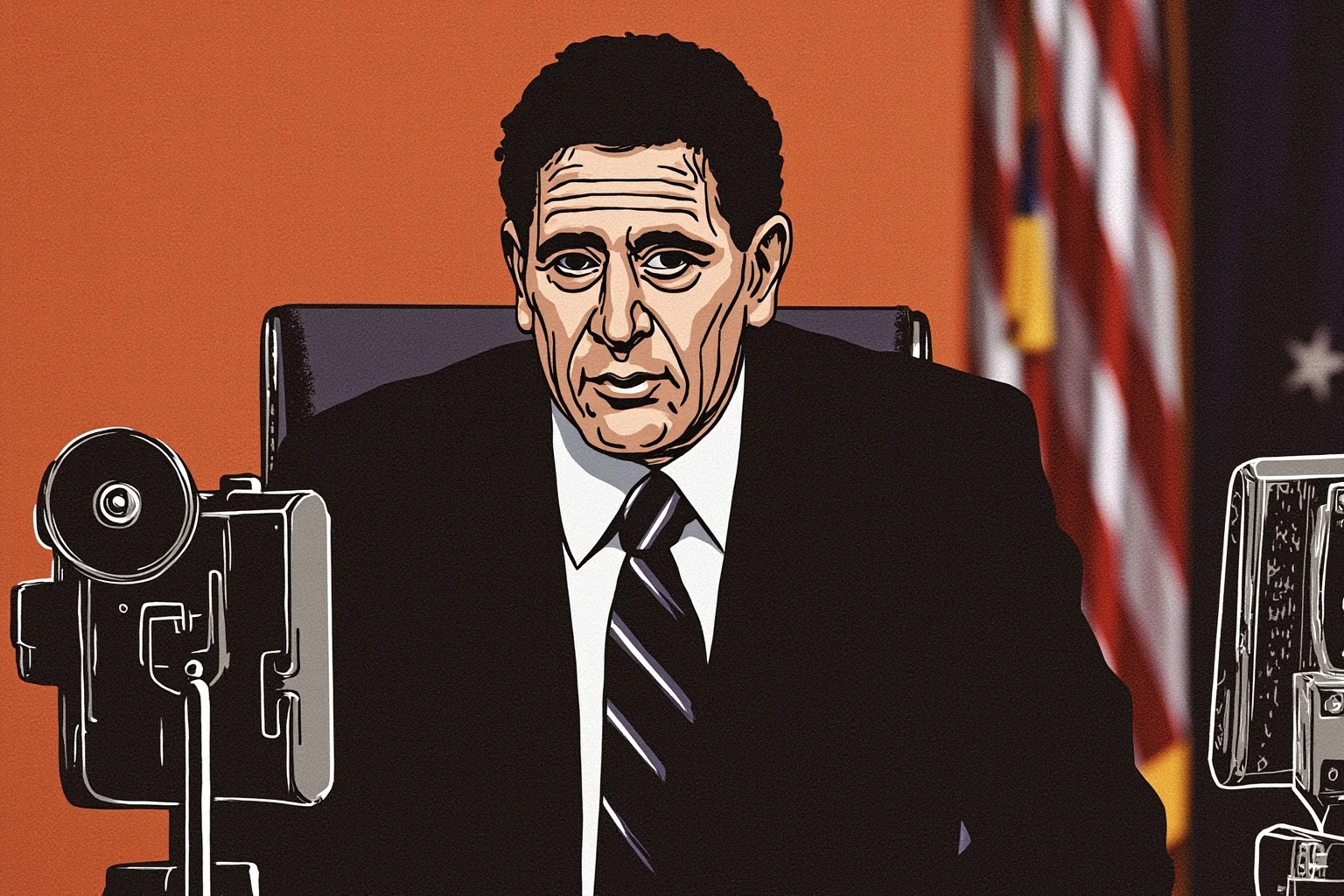 Illustration of a somber 1970s president seated at an Oval Office desk delivering a televised address, cameras in foreground