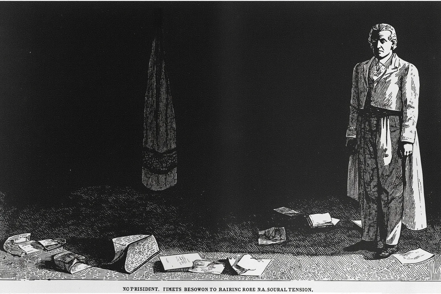 Illustration of a somber 19th-century president standing alone in a dim office, surrounded by papers symbolizing rising sectional tension.