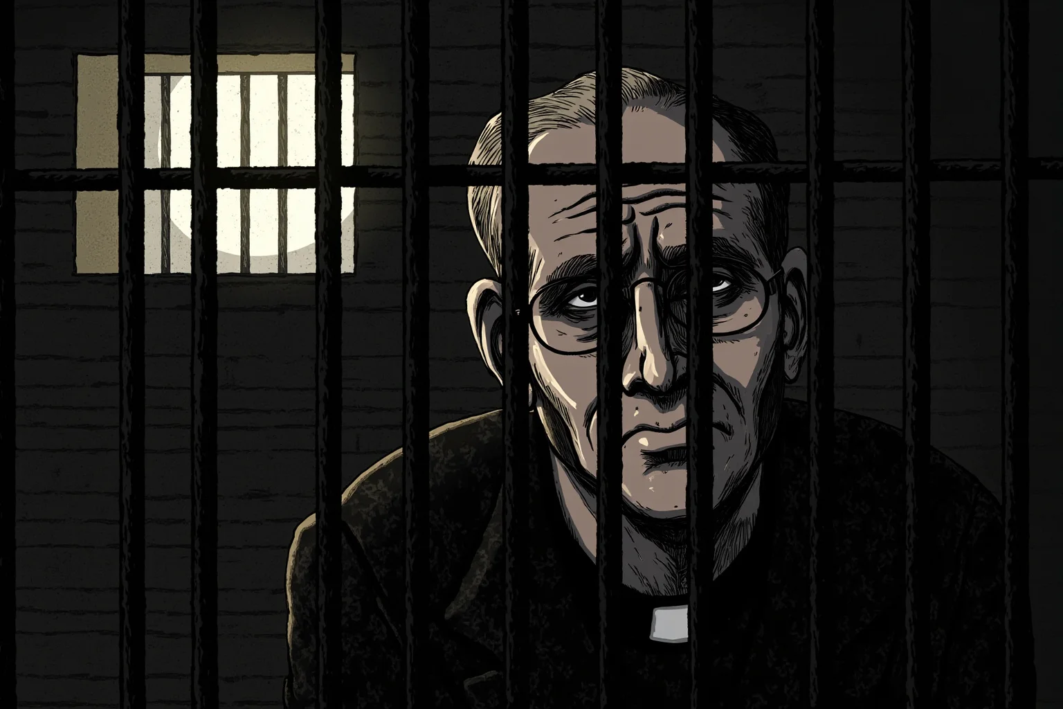 24 Historical Figures Who Became Martyrs for Their Cause 12 Illustration of a somber clergyman in a WWII-era prison cell, small window with light streaming in
