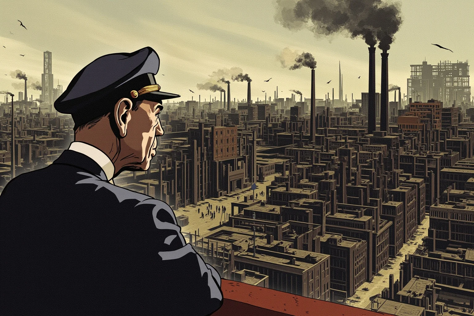 Illustration of a somber early-1930s president looking over a bleak cityscape with breadlines and shuttered factories.