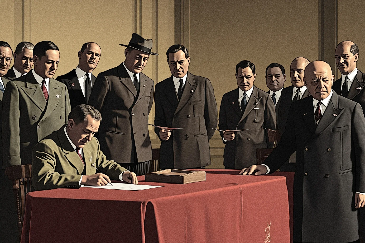Illustration of a somber formal signing ceremony in a European palace hall after a major war, generic diplomats, 1919 aesthetic