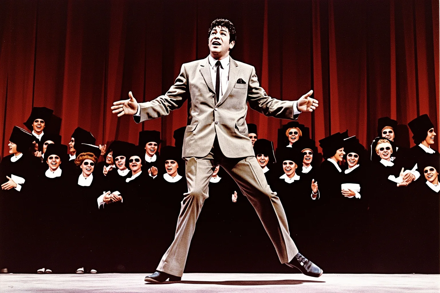Illustration of a soulful 1960s singer in a sharp suit performing with a gospel choir behind him on stage
