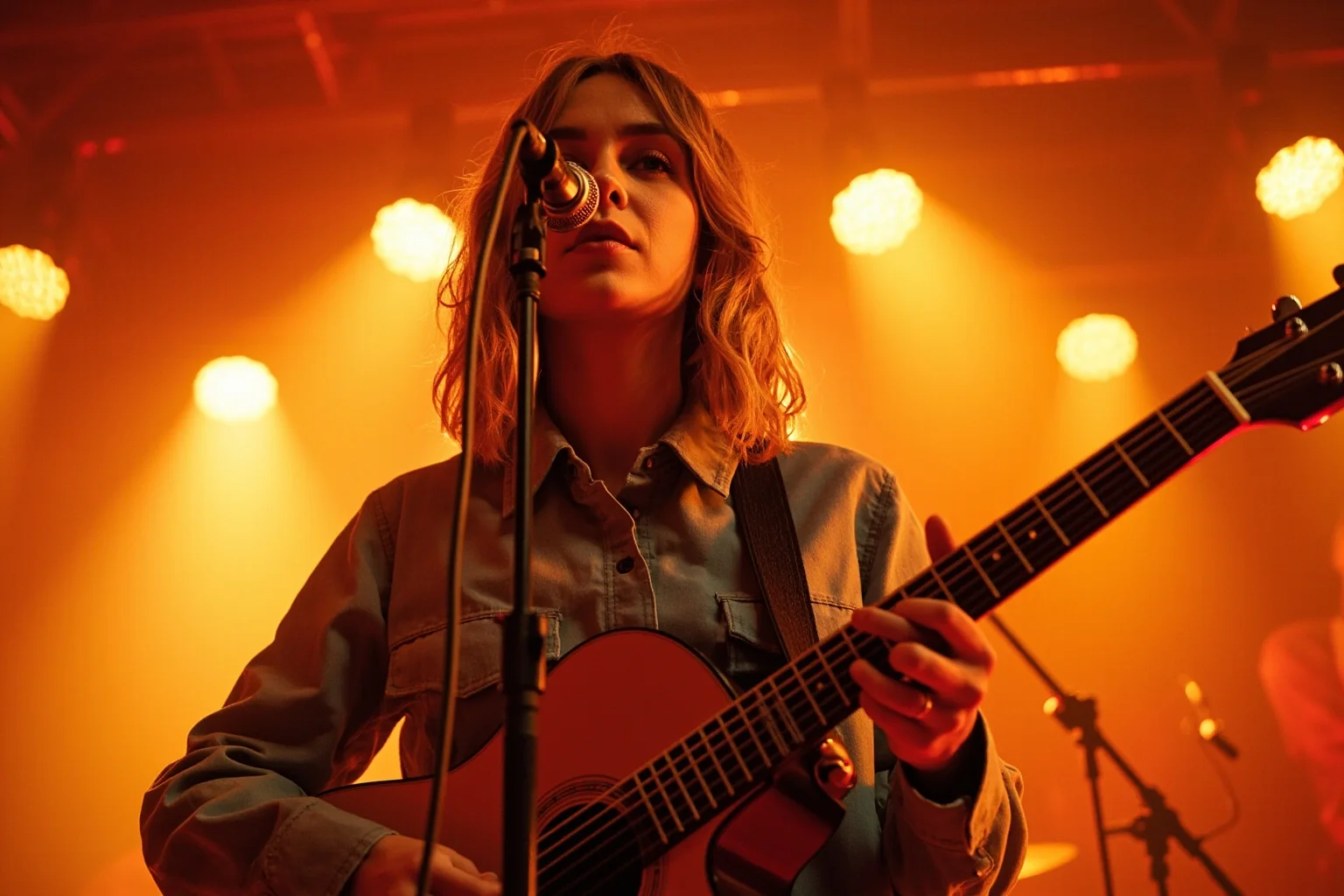 Illustration of a soulful modern pop singer performing intimately with an acoustic setup and warm stage lighting