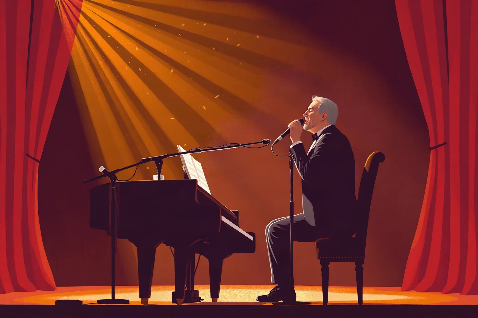 Illustration of a soulful musician singing at a grand piano bathed in warm golden stage light