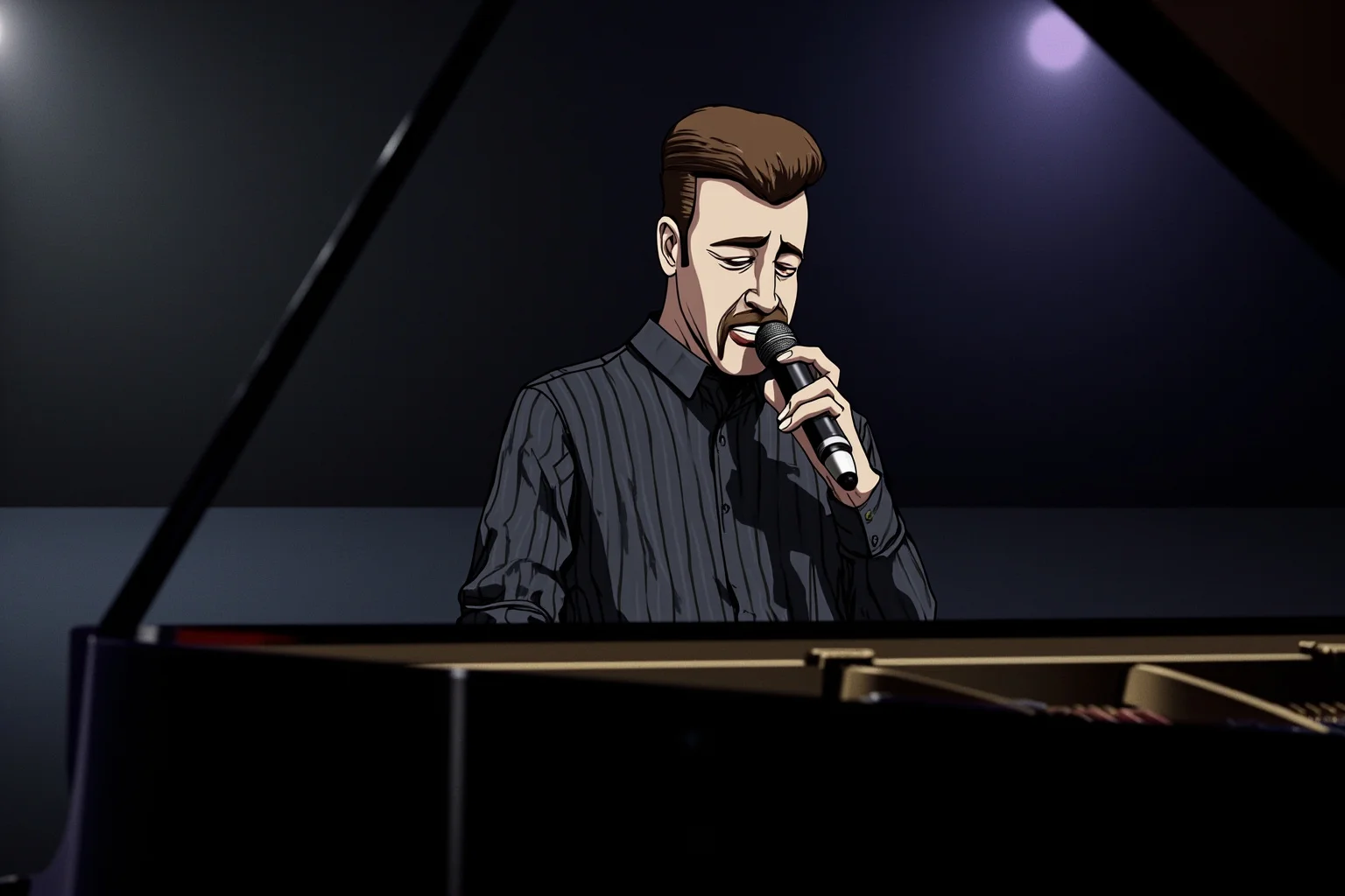 Illustration of a soulful pianist-singer performing intensely at a grand piano under dim stage lighting