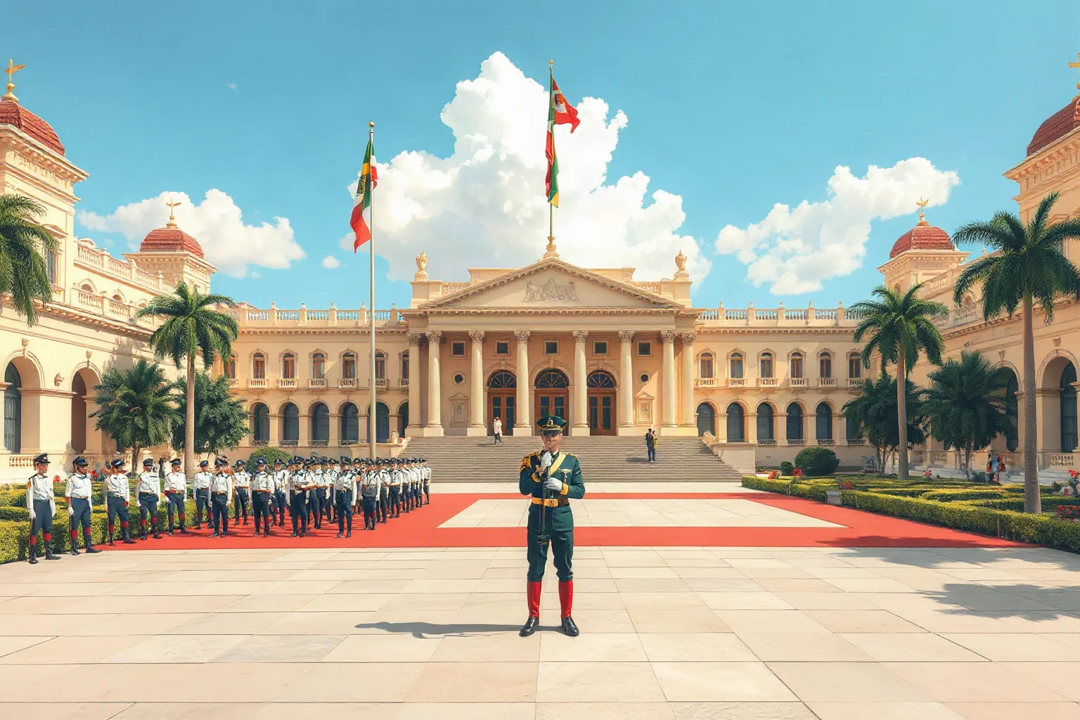 Illustration of a South American government palace with a military guard formation in the plaza