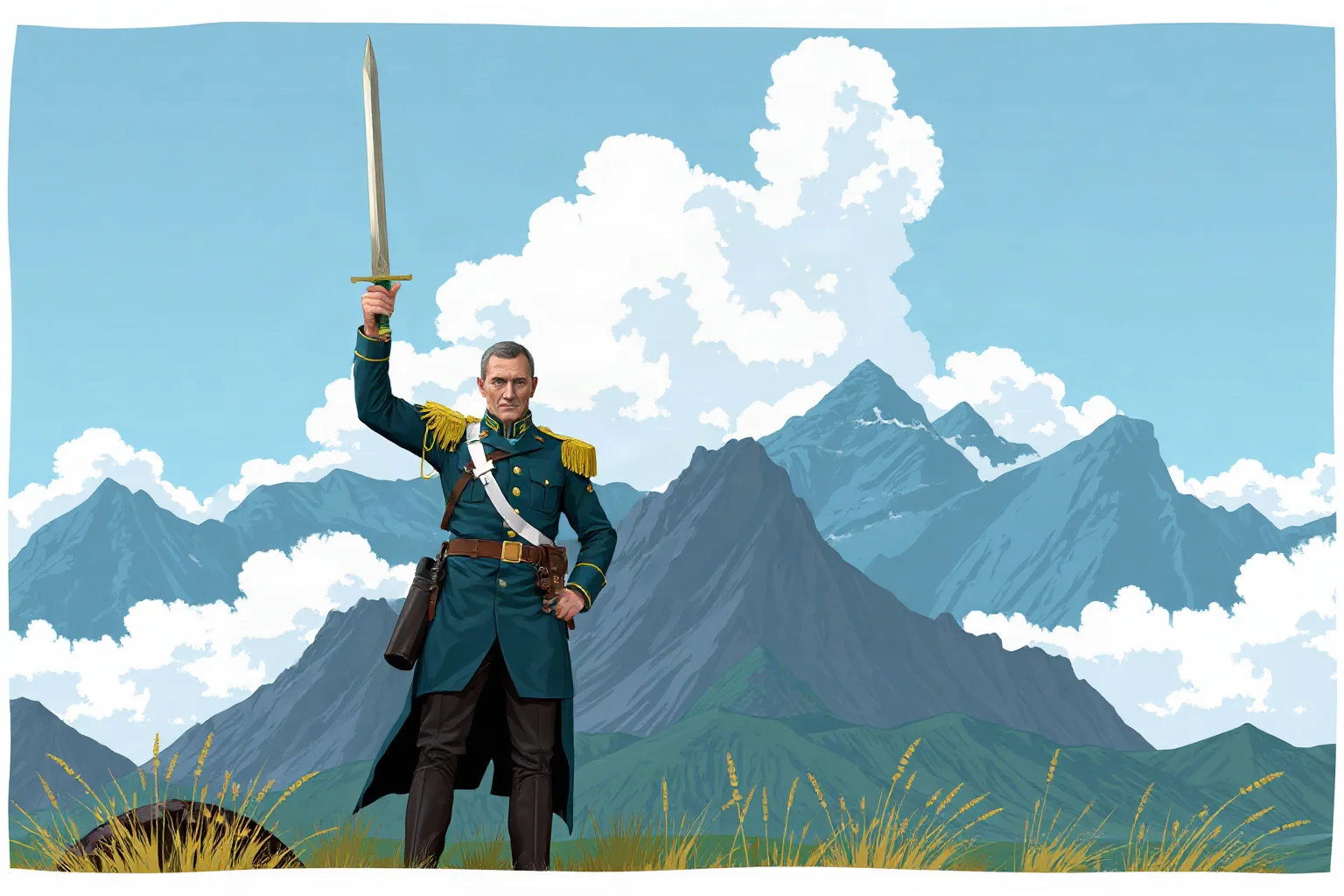 Illustration of a South American independence general in military dress uniform standing before mountainous terrain with a raised sword