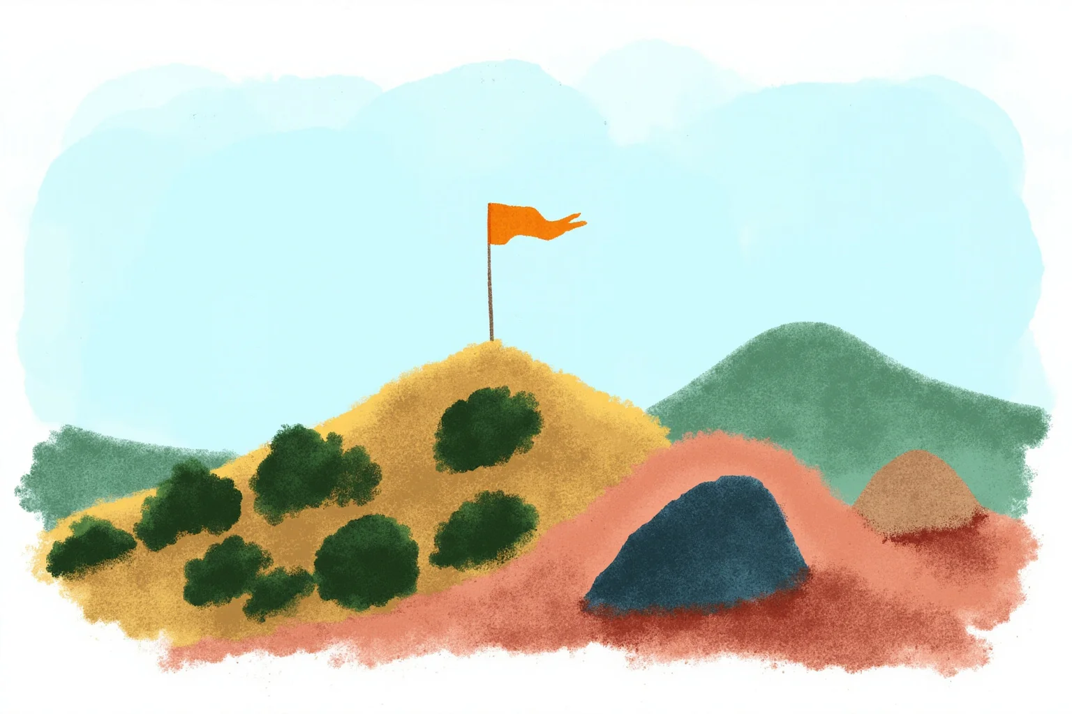 Illustration of a South Asian mountain landscape with a simple flag on a hilltop post