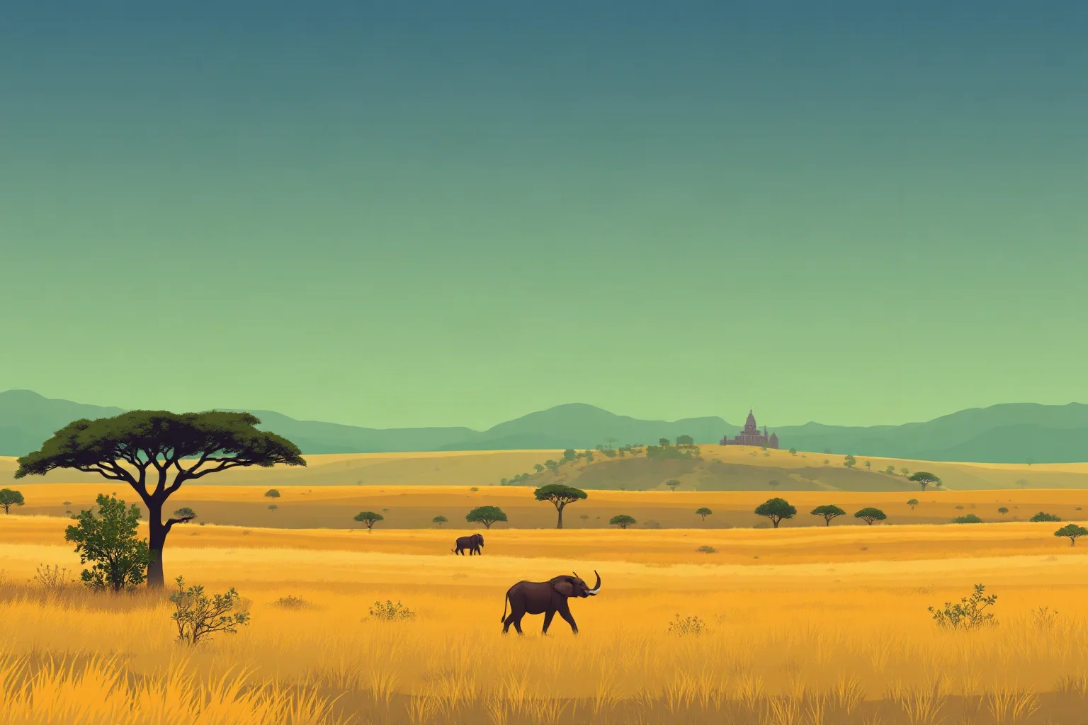 Illustration of a southern African savanna landscape with a distant government building silhouette