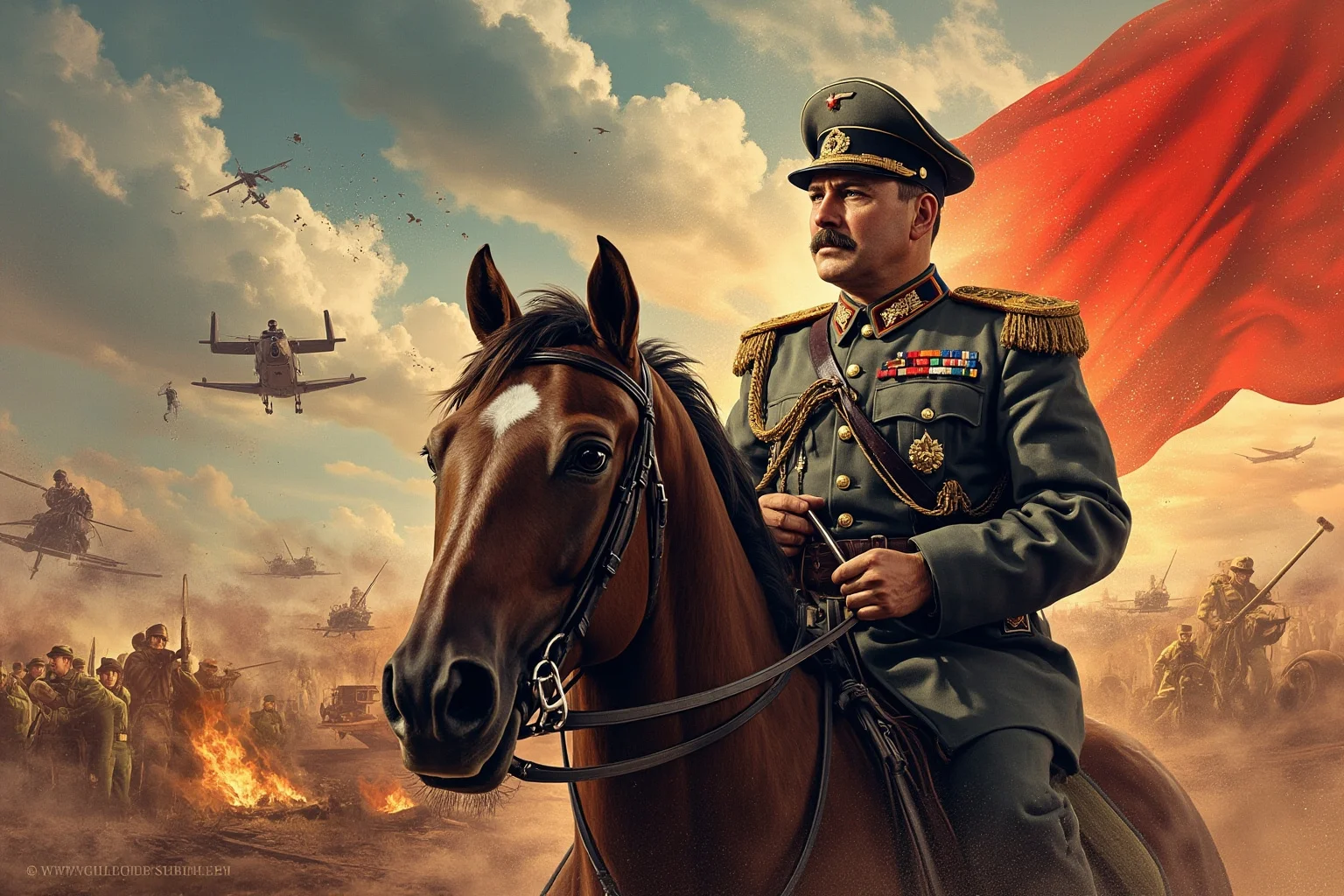 Illustration of a Soviet-era general on horseback overlaid with a sweeping World War Two eastern front battle scene