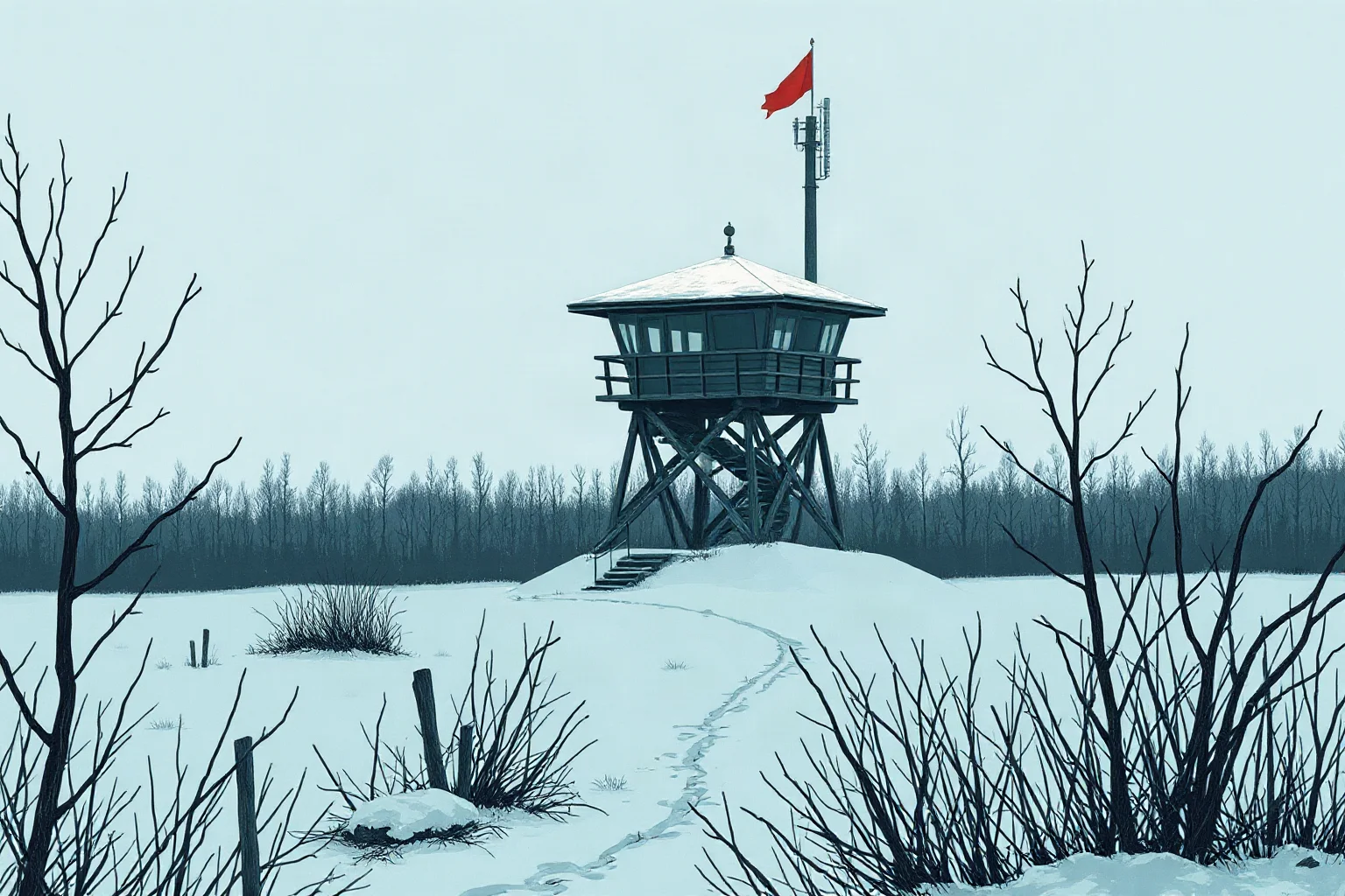 Illustration of a Soviet-era labor camp watchtower against a bleak snowy landscape