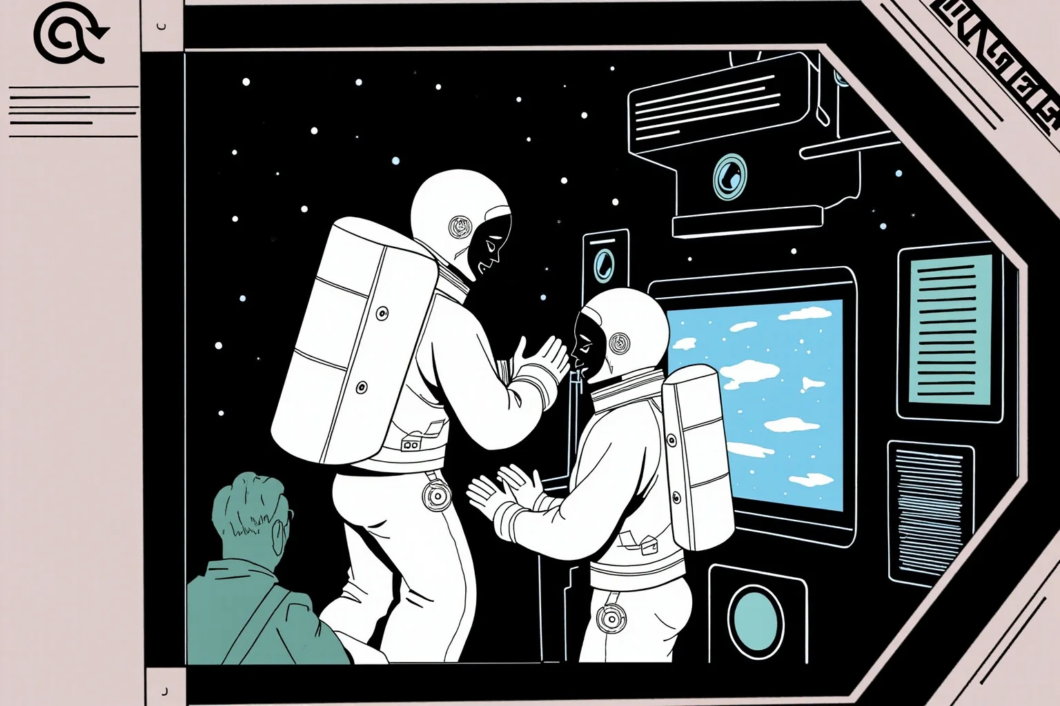 Facts About The Space Race: 25 Things Everyone Gets Wrong (or Right) 24 Illustration of a space station module with astronauts of two stylized silhouettes shaking hands near a window