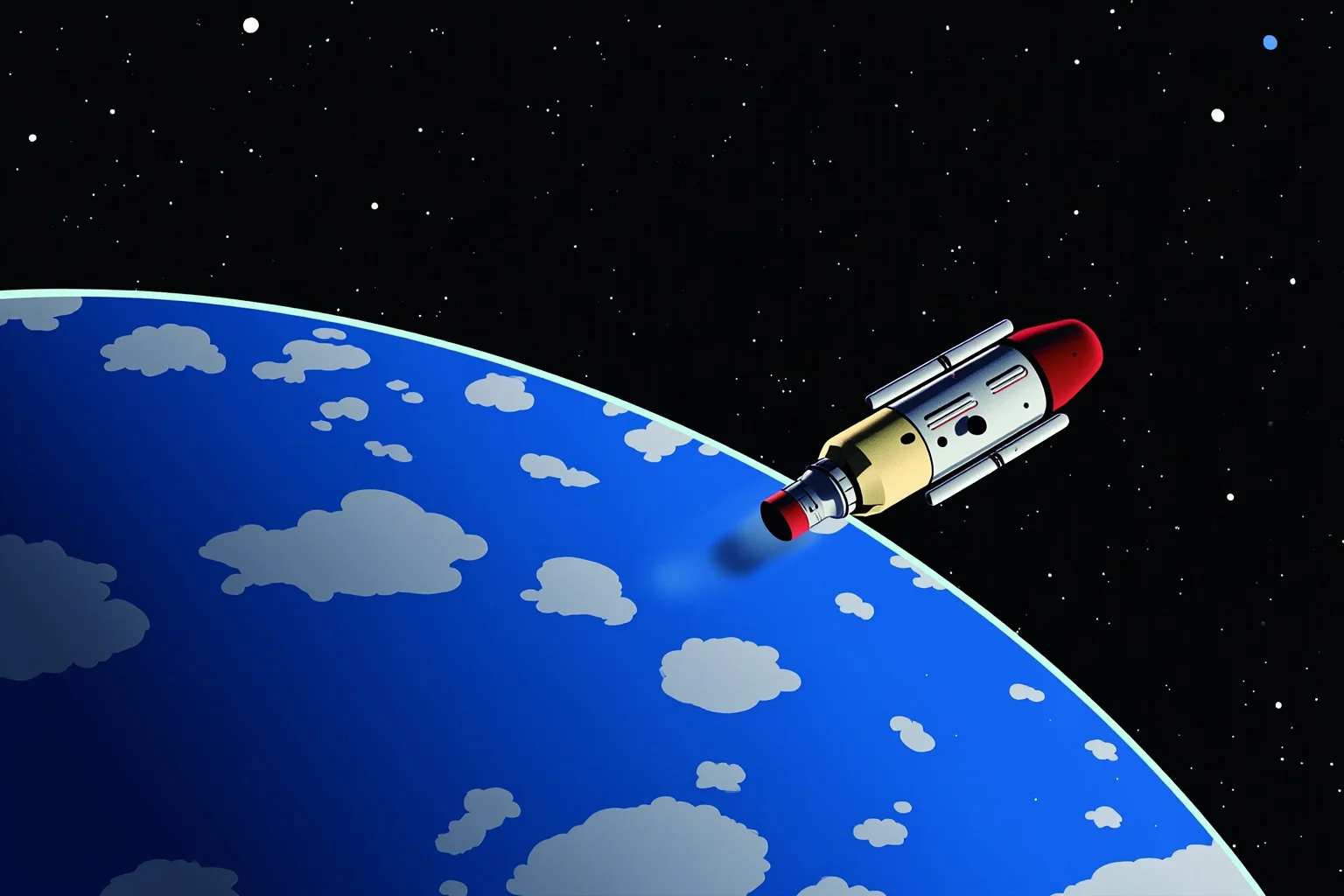 Facts About The Space Race: 25 Things Everyone Gets Wrong (or Right) 9 Illustration of a spacecraft capsule orbiting a blue and white Earth against a dark starry background