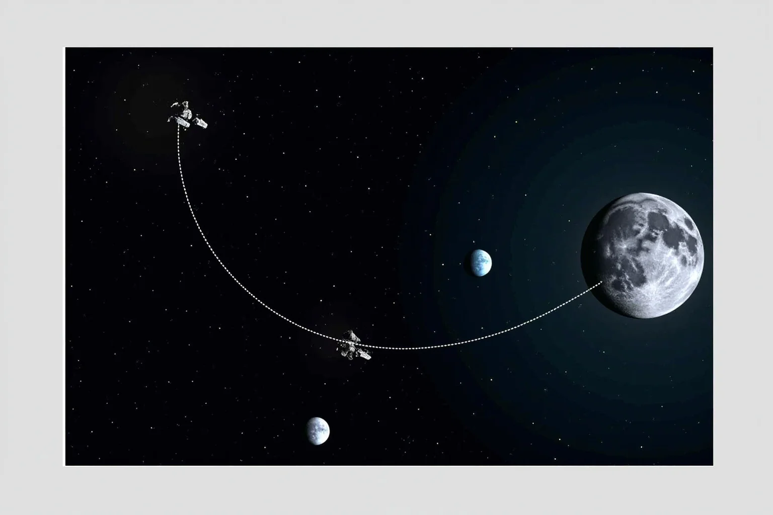 Facts About The Space Race: 25 Things Everyone Gets Wrong (or Right) 21 Illustration of a spacecraft capsule with a dotted trajectory line looping far around a gray moon and back to Earth