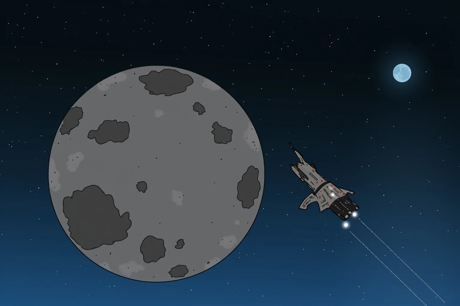 Facts About The Space Race: 25 Things Everyone Gets Wrong (or Right) 14 Illustration of a spacecraft orbiting a gray moon with Earth rising as a small blue sphere in the background