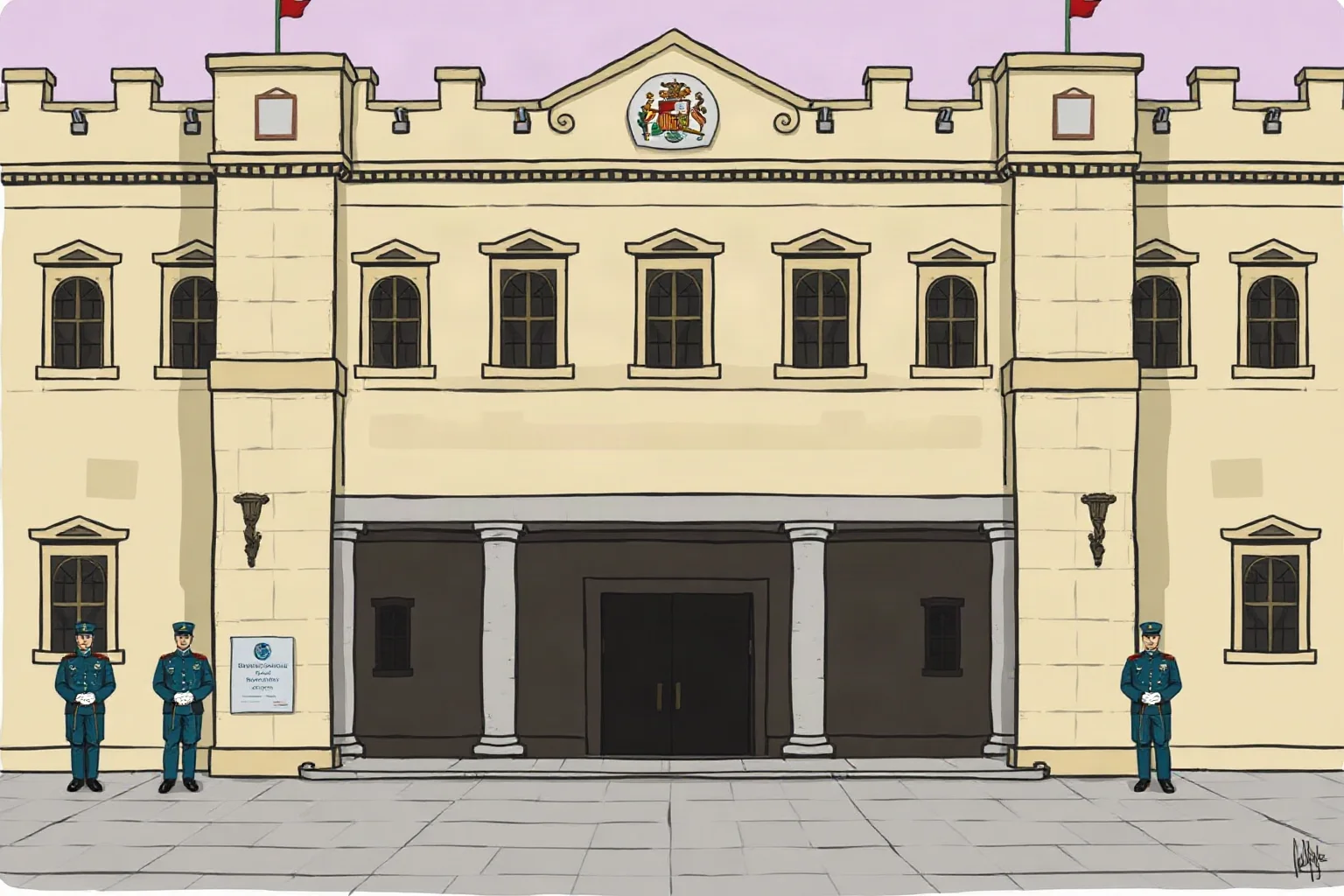 Illustration of a Spanish government building with a stern stone facade and soldiers standing guard
