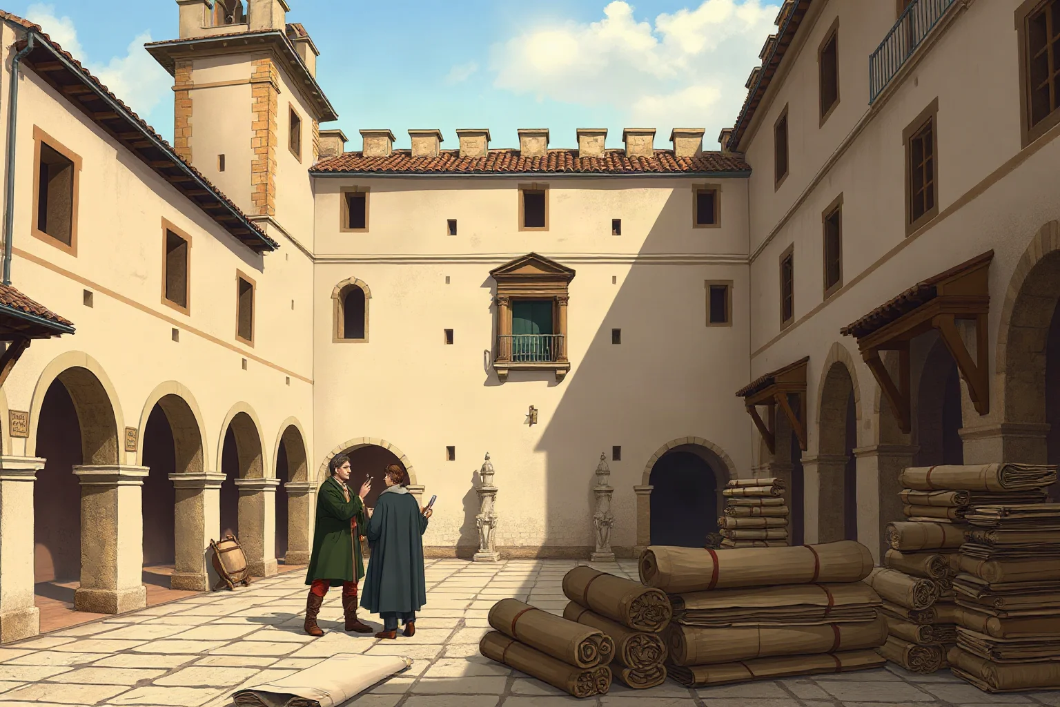 Illustration of a Spanish medieval university courtyard in Valladolid with law students and stacks of parchment scrolls