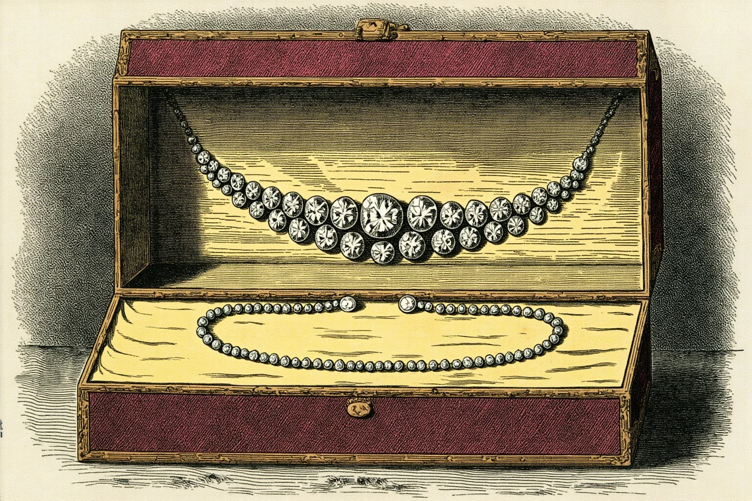 Surprising Facts About Marie Antoinette (And 10 Misconceptions) 12 Illustration of a sparkling diamond necklace displayed in an ornate jeweler's box, 18th-century Parisian shop setting