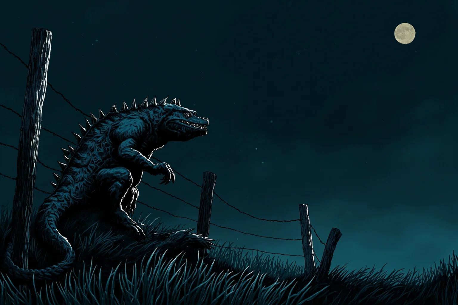 Illustration of a spiny, reptilian creature crouched near a rural fence at night, evoking the Chupacabra