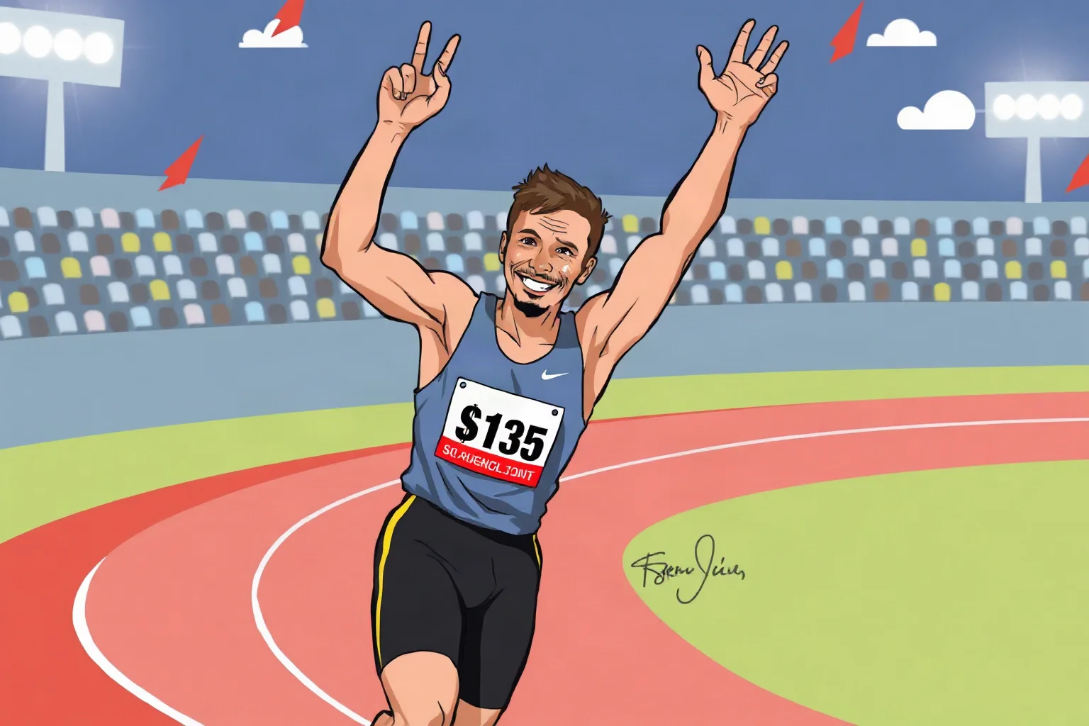 Illustration of a sprinter celebrating a race win with a signature victory pose on a track