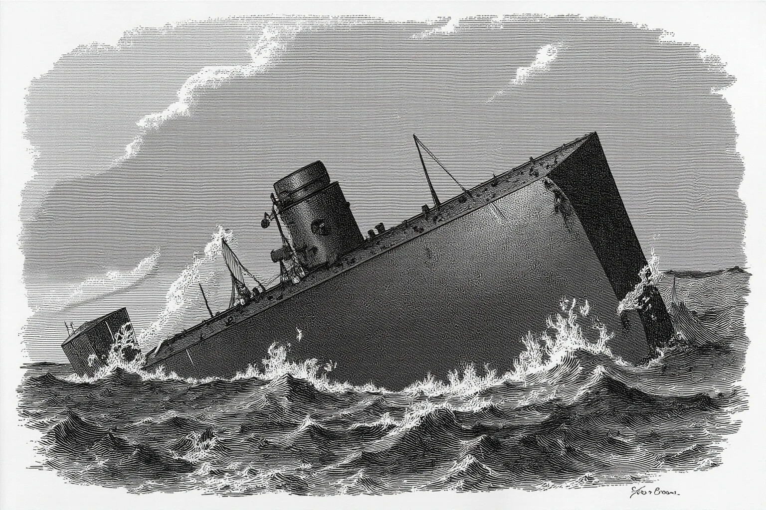 Lost At Sea: 20 Most Famous Shipwrecks in History 13 Illustration of a squat iron-plated Civil War ironclad warship with a round turret sinking in stormy seas