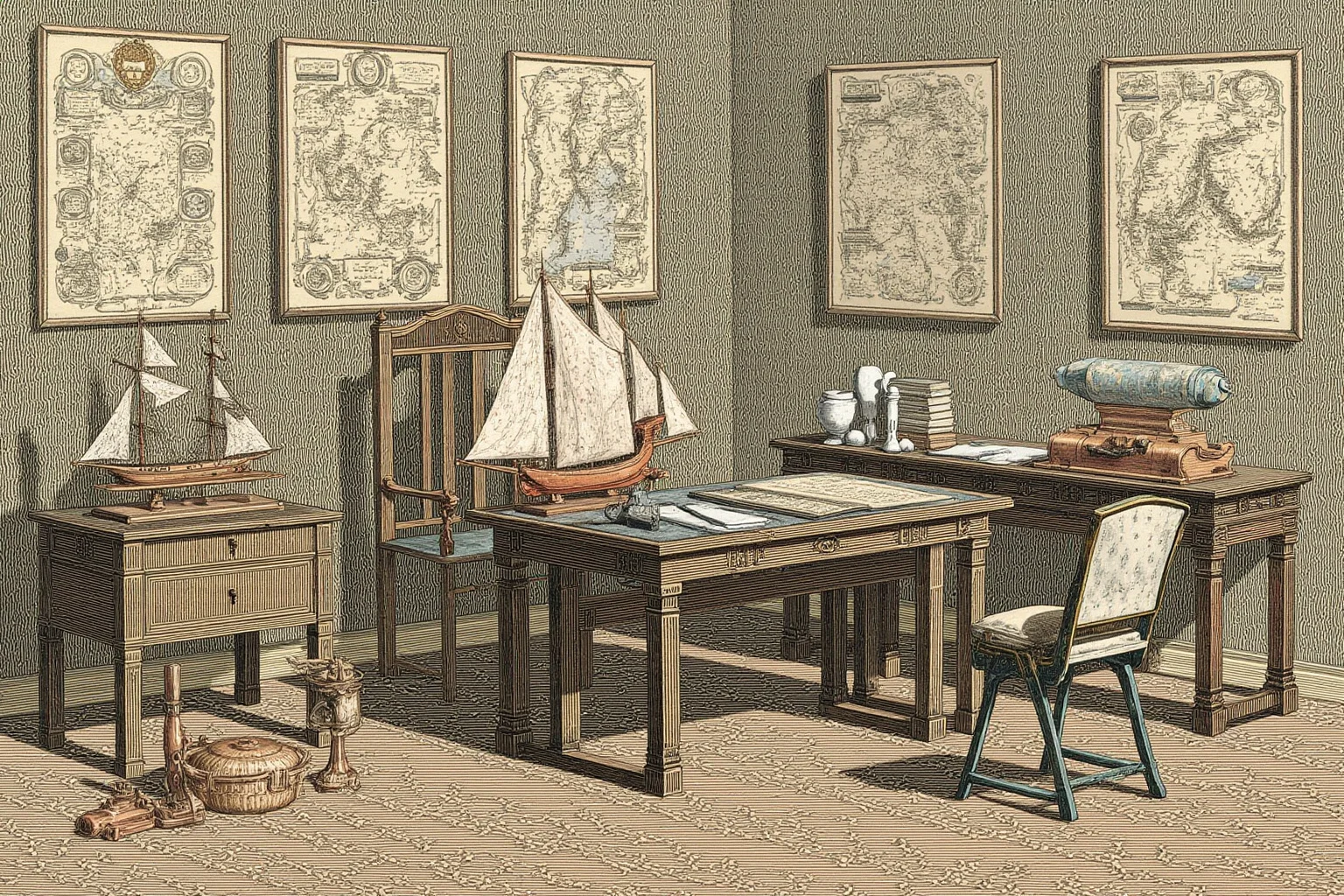 John Montagu, the Earl of Sandwich Who Popularized Our Favorite Lunch Food 5 Illustration of a stately 18th-century British admiralty office with nautical maps, ship models, and documents on a wooden desk