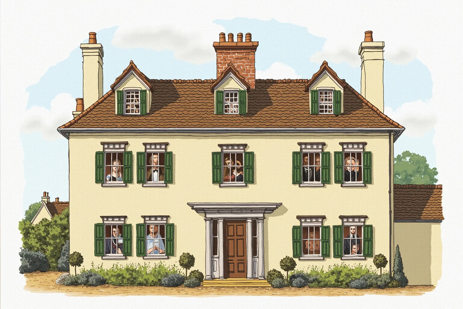John Montagu, the Earl of Sandwich Who Popularized Our Favorite Lunch Food 20 Illustration of a stately English country manor house exterior with generations of family portraits visible through windows