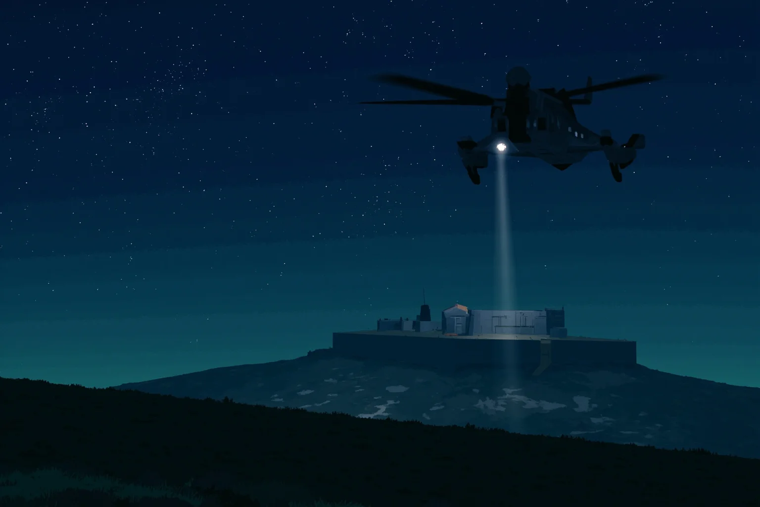 Illustration of a stealth helicopter approaching a walled compound at night under a starlit sky