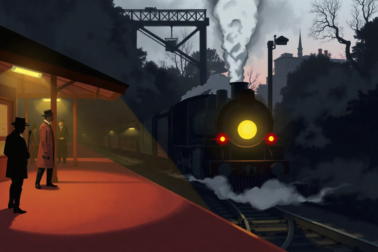 Illustration of a steam train at a nighttime station platform with shadowy figures, 1860s setting