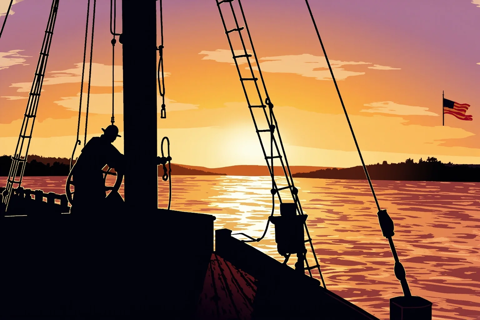 Unsung Heroes History Doesn't Talk About Enough 10 Illustration of a steamship at dawn on a coastal river, silhouette of a man at the helm steering toward a distant Union naval flag, Civil War era