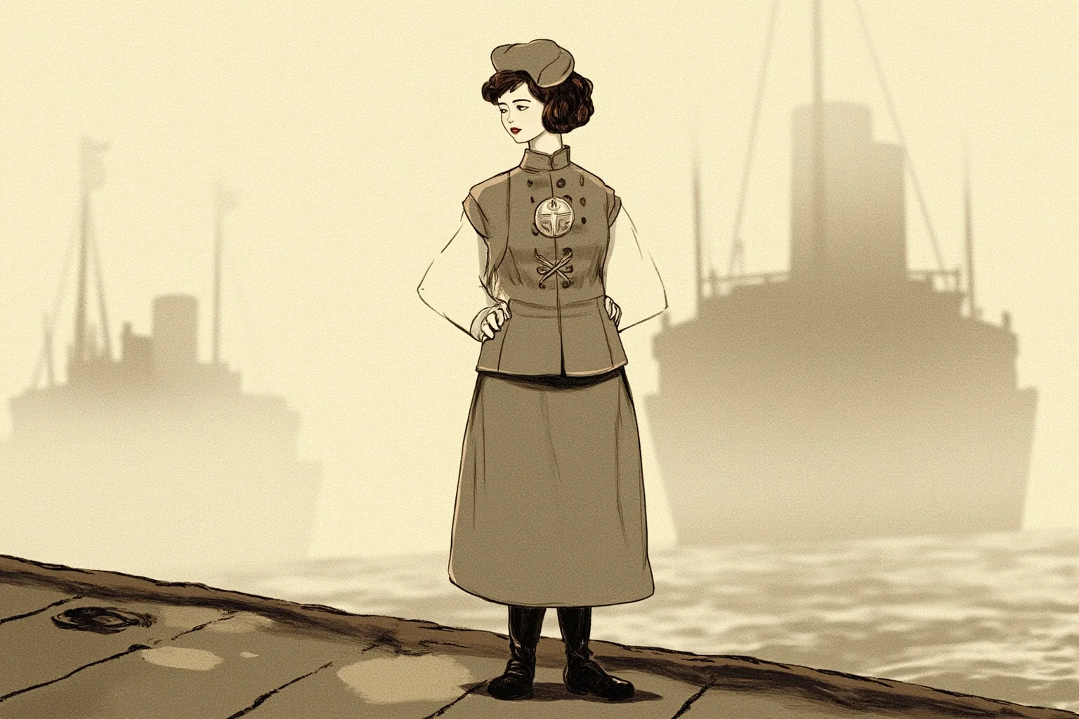 Illustration of a steamship stewardess in early 1900s uniform standing on a dock beside three faint ghostly ship silhouettes in the background, sepia tones