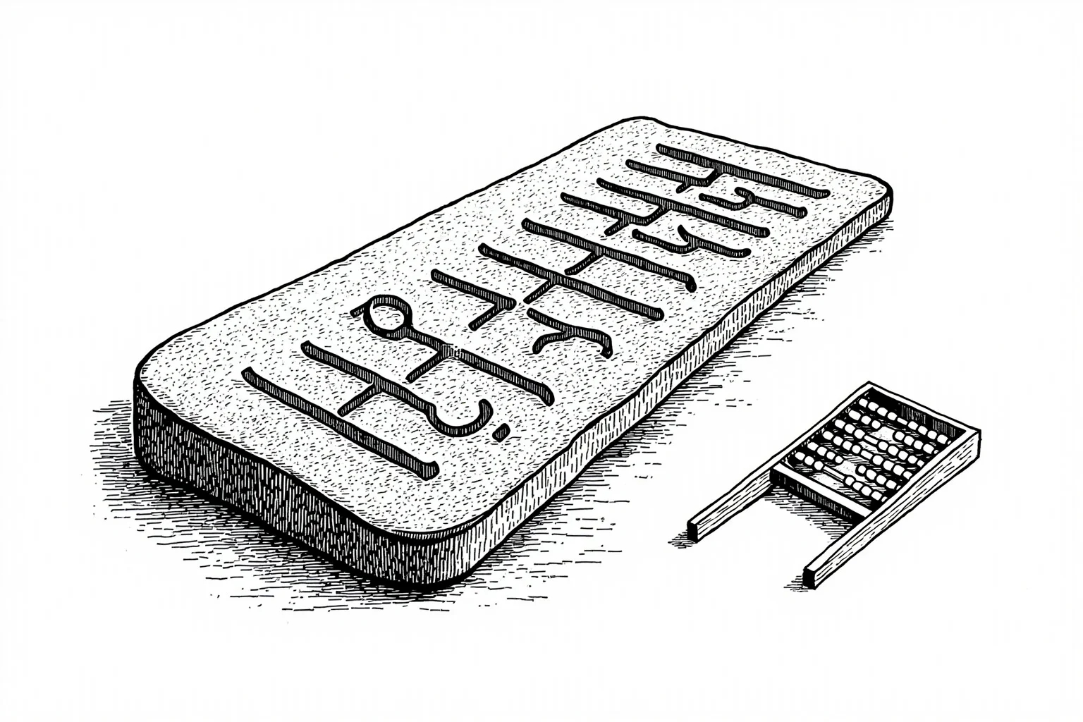 Illustration of a stone tablet carved with Roman numerals and an abacus beside it