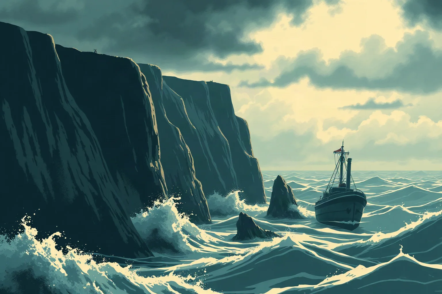Illustration of a stormy coastline with cliffs and a small boat, dramatic wartime atmosphere, no visible faces