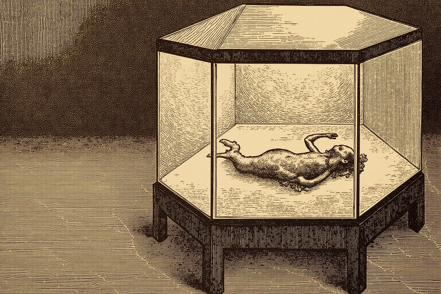 Illustration of a strange preserved mermaid-like curiosity displayed in a glass case in a Victorian museum setting, sepia tones