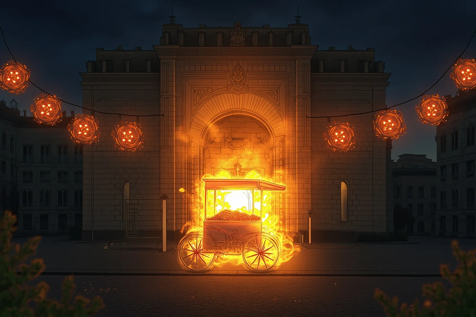 24 Historical Figures Who Became Martyrs for Their Cause 22 Illustration of a street vendor's cart engulfed in a symbolic glow before a North African government building